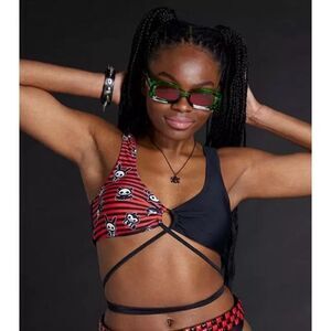 Hot Topic Skelanimals Split Stripe Crisscross Swim Top Medium Nwot